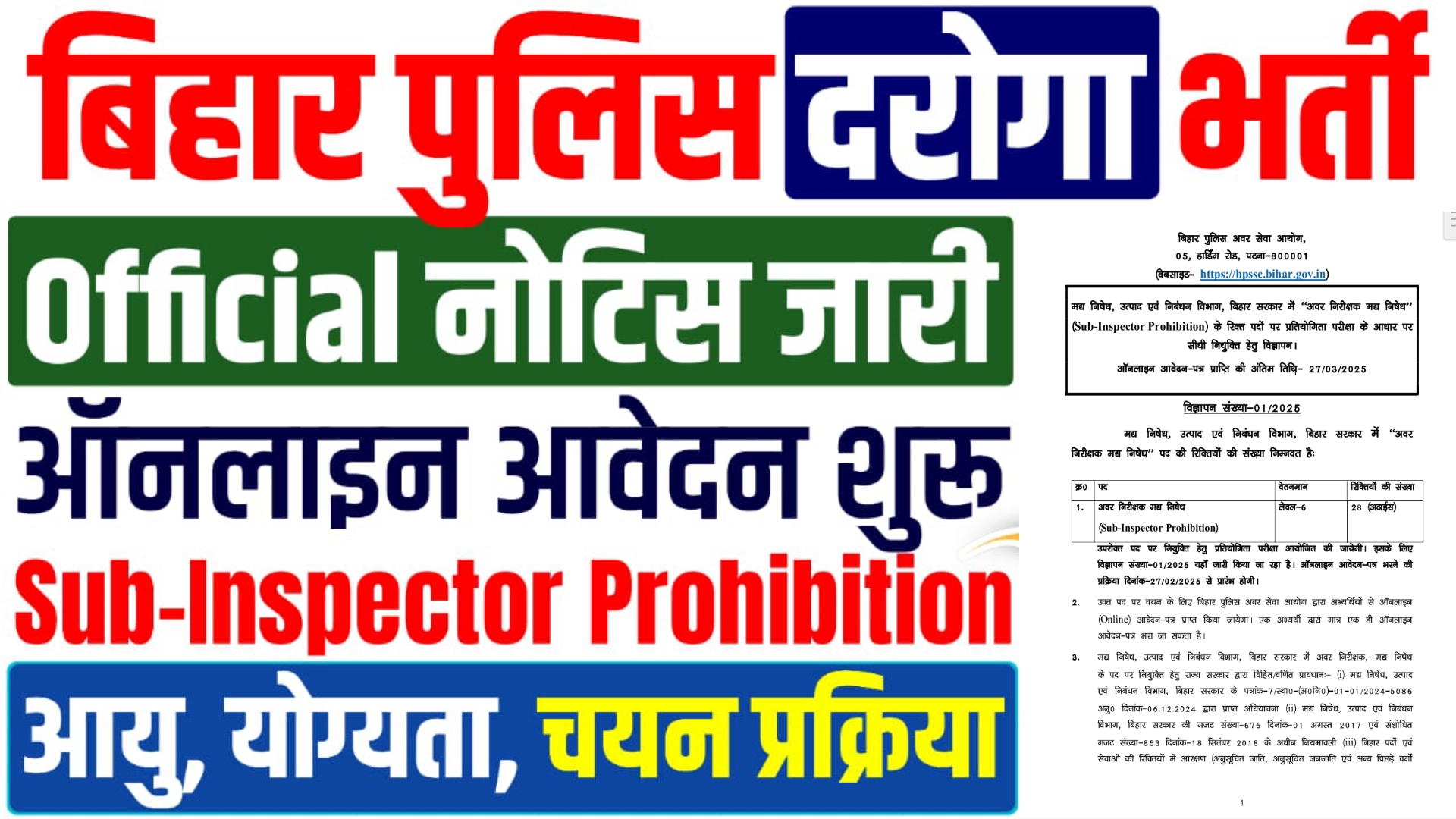 BPSSC Bihar SI Prohibition Online Form 2025